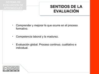 SENTIDOS DE LA
EVALUACIÓN
• Comprender y mejorar lo que ocurre en el proceso
formativo.
• Competencia laboral y la madurez.
• Evaluación global. Proceso continuo, cualitativo e
individual.
SISTEMA DE
EVALUACIÓN DE
APRENDIZAJES
 