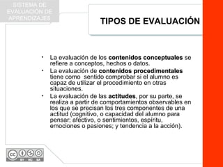 TIPOS DE EVALUACIÓN
• La evaluación de los contenidos conceptualescontenidos conceptuales se
refiere a conceptos, hechos o datos.
• La evaluación de contenidos procedimentalescontenidos procedimentales
tiene como sentido comprobar si el alumno es
capaz de utilizar el procedimiento en otras
situaciones.
• La evaluación de las actitudesactitudes, por su parte, se
realiza a partir de comportamientos observables en
los que se precisan los tres componentes de una
actitud (cognitivo, o capacidad del alumno para
pensar; afectivo, o sentimientos, espíritu,
emociones o pasiones; y tendencia a la acción).
SISTEMA DE
EVALUACIÓN DE
APRENDIZAJES
 