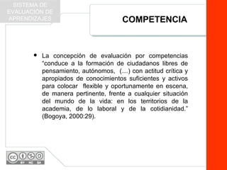 COMPETENCIA
 La concepción de evaluación por competencias
“conduce a la formación de ciudadanos libres de
pensamiento, autónomos, (…) con actitud crítica y
apropiados de conocimientos suficientes y activos
para colocar flexible y oportunamente en escena,
de manera pertinente, frente a cualquier situación
del mundo de la vida: en los territorios de la
academia, de lo laboral y de la cotidianidad.”
(Bogoya, 2000:29).
SISTEMA DE
EVALUACIÓN DE
APRENDIZAJES
 