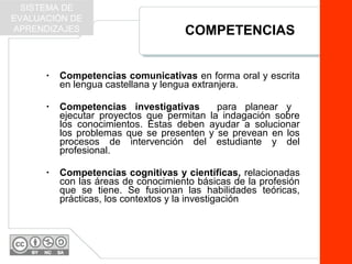 • Competencias comunicativas en forma oral y escrita
en lengua castellana y lengua extranjera.
• Competencias investigativas para planear y
ejecutar proyectos que permitan la indagación sobre
los conocimientos. Estas deben ayudar a solucionar
los problemas que se presenten y se prevean en los
procesos de intervención del estudiante y del
profesional.
• Competencias cognitivas y científicas, relacionadas
con las áreas de conocimiento básicas de la profesión
que se tiene. Se fusionan las habilidades teóricas,
prácticas, los contextos y la investigación
COMPETENCIAS
SISTEMA DE
EVALUACIÓN DE
APRENDIZAJES
 