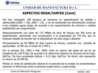UNIDAD DE MANUFACTURA D y L ASPECTOS RESALTANTES (Cont) Se han entregado 189 tanques de kerosene en especificación de calidad y oportunidad (2003 = 156, 2004 = 33) , y se ha mantenido una alimentación continua a las unidades aguas abajo, de acuerdo a los requerimientos de volumen y calidad establecidos por programación. Reprocesamiento con éxito de 175 MBbls de kero de Amuay por ISA fuera de especificación, generando una recuperación a la corporación de 770 M$, que se hubiesen dejado de percibir por la degradación de esta carga a diluente. Procesamiento de 90 MBbls de Slop masivo de Amuay, evitando una  perdida de oportunidad  al CRP por el orden de 3 MM $ En el periodo Oct. 2003 a Feb. 2004, hubo un ahorro del gasto de sal en las tratadoras de 140 M Kgs, de acuerdo a la referencia histórica de consumo de 0.4 Kgs. Sal/Ton. De Kero procesada (Actual = 0.12 Kgs. Sal/Ton. De Kero), ello representa un ahorro de 20 MM Bs. Existe un clima de satisfacción laboral en el personal de la unidad, no presentandose reclamos ni diferencias entre el personal supervisorio y supervisado. 
