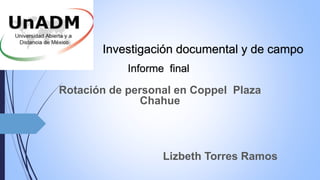 Rotación de personal en Coppel Plaza
Chahue
Lizbeth Torres Ramos
Informe final
Investigación documental y de campo
 