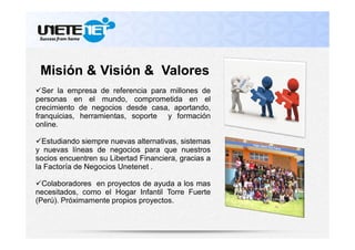 Misión & Visión & Valores
Ser la empresa de referencia para millones de
personas en el mundo, comprometida en el
crecimiento de negocios desde casa, aportando,
franquicias, herramientas, soporte y formación
online.
Estudiando siempre nuevas alternativas, sistemas
y nuevas líneas de negocios para que nuestros
socios encuentren su Libertad Financiera, gracias a
la Factoría de Negocios Unetenet .
Colaboradores en proyectos de ayuda a los mas
necesitados, como el Hogar Infantil Torre Fuerte
(Perú). Próximamente propios proyectos.

 