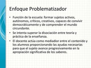 Enfoque Problematizador
• Función de la escuela: formar sujetos activos,
autónomos, críticos, creativos, capaces de convivir
democráticamente y de comprender el mundo
circundante.
• Se intenta superar la disociación entre teoría y
práctica de la enseñanza.
• El docente actúa como mediadior entre el contenido y
los alumnos proporcionando las ayudas necesarias
para que el sujeto avance progresivamente en la
apropiación significativa de los saberes.
 