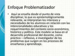 Enfoque Problematizador
• Aquí se enseña desde el punto de vista
disciplinar, lo que es epistemológicamente
relevante, se interpretan los intereses y
necesidades de los alumnos en relación con las
intencionalidades educativas y los
requerimientos del contexto socio-económico,
histórico y político. Este modelo se basa en el
desarrollo profesional del docente, como
práctico – reflexivo, e investigador de los
problemas que surgen en los procesos de
enseñanza y aprendizaje.
 