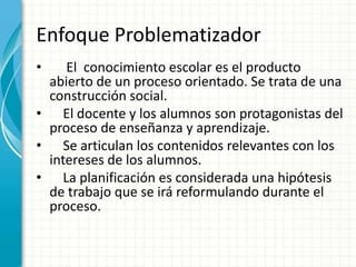 Enfoque Problematizador
• El conocimiento escolar es el producto
abierto de un proceso orientado. Se trata de una
construcción social.
• El docente y los alumnos son protagonistas del
proceso de enseñanza y aprendizaje.
• Se articulan los contenidos relevantes con los
intereses de los alumnos.
• La planificación es considerada una hipótesis
de trabajo que se irá reformulando durante el
proceso.
 