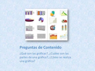 Preguntas de Contenido
¿Qué son las gráficas?, ¿Cuáles son las
partes de una gráfica?, ¿Cómo se realiza
una gráfica?
 