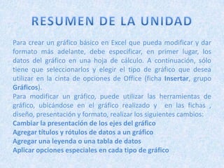Para crear un gráfico básico en Excel que pueda modificar y dar
formato más adelante, debe especificar, en primer lugar, los
datos del gráfico en una hoja de cálculo. A continuación, sólo
tiene que seleccionarlos y elegir el tipo de gráfico que desea
utilizar en la cinta de opciones de Office (ficha Insertar, grupo
Gráficos).
Para modificar un gráfico, puede utilizar las herramientas de
gráfico, ubicándose en el gráfico realizado y en las fichas ,
diseño, presentación y formato, realizar los siguientes cambios:
Cambiar la presentación de los ejes del gráfico
Agregar títulos y rótulos de datos a un gráfico
Agregar una leyenda o una tabla de datos
Aplicar opciones especiales en cada tipo de gráfico
 