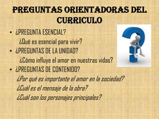 PREGUNTAS ORIENTADORAS DEL
         CURRICULO
• ¿PREGUNTA ESENCIAL?
   ¿Qué es esencial para vivir?
• ¿PREGUNTAS DE LA UNIDAD?
   ¿Cómo influye el amor en nuestras vidas?
• ¿PREGUNTAS DE CONTENIDO?
  ¿Por qué es importante el amor en la sociedad?
  ¿Cuál es el mensaje de la obra?
  ¿Cuál son los personajes principales?
 