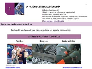 LA RAZÓN DE SER DE LA ECONOMÍA
March 16, 2016
Profesor: Ramón Ramos Economía 1º bach-IES Puerto del
1.¿Qué es la economía?
2.Elegir es renunciar: el coste de oportunidad
3.Necesidades, bienes y servicios
4.Actividades económicas: consumo, producción y distribución
5.Los recursos productivos: tierra, trabajo y capital
6.Los agentes económicos
Agentes o decisores económicos
Cada actividad económica tiene asociado un agente económico:
12
 