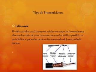 Tipo de Transmisiones 
 Cable coaxial 
El cable coaxial (o coax) transporta señales con rangos de frecuencias más 
altos que los cables de pares trenzados que van de 100KHz a 500MHz, en 
parte debido a que ambos medios están construidos de forma bastante 
distinta. 
. 
 