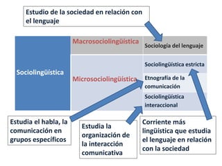 • Diferencias diatópicas "diferencias en el espacio 
geográfico" (dialectos o geolectos, hablas locales), 
• Diferencias diastráticas "diferencias entre los 
estratos socioculturales de la comunidad lingüística" 
(niveles sociolingüísticos) 
• Diferencias diafásicas son "las diferencias entre los 
diversos tipos de modalidad expresiva" (estilos, 
registros). 
 