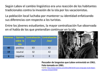Sociolingüística correlacional de Labov: 
La correlación ocurre entre: 
(1)Hechos lingüísticos (contexto en que ocurren, en el 
ámbito de la frase o del texto); 
(2)Hechos no lingüísticos (estrato socioeconómico, nivel 
de escolaridad, género, rango de edad, proveniencia 
regional, etc. del hablante). 
(3)Dimensiones procesuales en la interacción (grado de 
atención, formalidad, indiferencia, etc.) 
 
