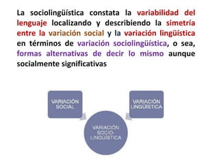 Cinco características de la sociolingüística: 
1. es una ciencia; 
2. es una rama de la Lingüística, 
3. mira al lenguaje como un fenómeno social y 
cultural; 
4. estudia el lenguaje en su contexto social, en 
situaciones de la vida real, por medio de la 
investigación empírica; y 
5. está relacionada con la metodología y contenidos de 
las ciencias sociales, principalmente la Antropología 
Social y la Sociología. 
 