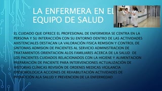 LA ENFERMERA EN EL
EQUIPO DE SALUD
EL CUIDADO QUE OFRECE EL PROFESIONAL DE ENFERMERIA SE CENTRA EN LA
PERSONA Y SU INTERACCIÓN CON SU ENTORNO DENTRO DE LAS ACTIVIDADES
AXISTENCIALES DESTACAN LA VALORACIÓN FISICA REMISION Y CONTROL DE
SINTOMAS ADMISION DE PACIENTES AL SERVICIO ADMINISTRACION DE
TRATAMIENTOS ORIENTACION ALOS FAMILIARES ACERCA DE LA SALUD DE
LOS PACIENTES CUIDADOS RELACIONADOS CON LA HIGIENE Y ALIMENTACION
PREPARACIÓN DE PACIENTE PARA INTERVENCIONES ACTUALIZACIÓN DE
HISTORIAS CLÍNICAS REVISIÓN DE ORDENES MEDICAS VIGILANCIA
EPIDIOMOLOGICA ACCIONES DE REHABILITACIÓN ACTIVIDADES DE
PROMOCIÓN ALA SALUD Y PREVENCION DE LA ENFERMEDAD
 