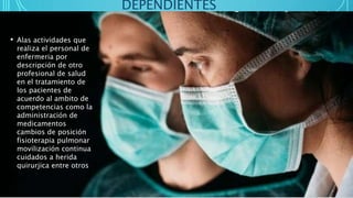 DEPENDIENTES
• Alas actividades que
realiza el personal de
enfermeria por
descripción de otro
profesional de salud
en el tratamiento de
los pacientes de
acuerdo al ambito de
competencias como la
administración de
medicamentos
cambios de posición
fisioterapia pulmonar
movilización continua
cuidados a herida
quirurjica entre otros
 