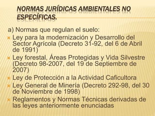 NORMAS JURÍDICAS AMBIENTALES NO
ESPECÍFICAS.
a) Normas que regulan el suelo:
 Ley para la modernización y Desarrollo del
Sector Agrícola (Decreto 31-92, del 6 de Abril
de 1991)
 Ley forestal, Áreas Protegidas y Vida Silvestre
(Decreto 98-2007, del 19 de Septiembre de
2007)
 Ley de Protección a la Actividad Caficultora
 Ley General de Minería (Decreto 292-98, del 30
de Noviembre de 1998)
 Reglamentos y Normas Técnicas derivadas de
las leyes anteriormente enunciadas
 