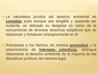  La naturaleza jurídica del derecho ambiental es
compleja pues aunque sea tangible y aparente ser
evidente, es delicado su desglose en razón de la
concurrencia de diversos derechos subjetivos que se
relacionan y fortalecen sinérgicamente en él.
 Anticiparse a los hechos, de manera preventiva y la
preeminencia de intereses colectivos, distingue
claramente al derecho ambiental de la mayoría de las
disciplinas jurídicas del sistema legal.
 