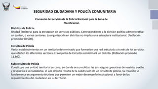 SEGURIDAD CIUDADANA Y POLICÍA COMUNITARIA
Distritos de Policía:
Unidad Territorial para la prestación de servicios públicos. Correspondiente a la división política administrativa:
un cantón, o varios cantones. La organización en distritos no implica una estructura institucional. (Población
promedio 90.500).
Circuitos de Policía
Varios establecimientos en un territorio determinado que formarían una red articulada a través de los servicios
que oferten los diferentes sectores. El conjunto de Circuitos conformará un Distrito. (Población promedio
11.800).
Sub circuitos de Policía
Constituye una unidad territorial cercana, en donde se consolidan las estrategias operativas de servicio, auxilio
y respuesta a la ciudadanía, el sub-circuito resulta de la subdivisión de un circuito de policía, su creación se
fundamenta en argumento técnicos que permiten un mejor desempeño institucional a favor de los
requerimientos del ciudadano en su territorio.
Comando del servicio de la Policía Nacional para la Zona de
Planificación
 