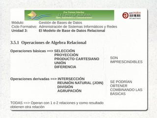 Eva Tortosa Sánchez
Dpto. Informática y Comunicaciones

Módulo:
Gestión de Bases de Datos
Ciclo Formativo: Administración de Sistemas Informáticos y Redes
Unidad 3:
El Modelo de Base de Datos Relacional

3.5.1 Operaciones de Algebra Relacional
Operaciones básicas ==> SELECCIÓN
PROYECCIÓN
PRODUCTO CARTESIANO
UNIÓN
DIFERENCIA
Operaciones derivadas ==> INTERSECCIÓN
REUNIÓN NATURAL (JOIN)
DIVISIÓN
AGRUPACIÓN
TODAS ==> Operan con 1 o 2 relaciones y como resultado
obtienen otra relación

SON
IMPRESCINDIBLES

SE PODRÍAN
OBTENER
COMBINANDO LAS
BÁSICAS

 