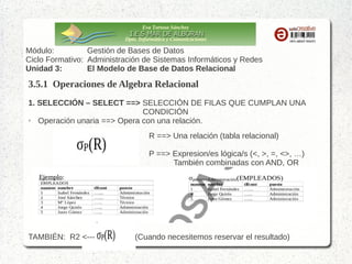 Eva Tortosa Sánchez
Dpto. Informática y Comunicaciones

Módulo:
Gestión de Bases de Datos
Ciclo Formativo: Administración de Sistemas Informáticos y Redes
Unidad 3:
El Modelo de Base de Datos Relacional

3.5.1 Operaciones de Algebra Relacional
0. OPERADOR DE ASIGNACIÓN (←)
Cuando necesitamos guardar el resultado de efectuar una o varias operaciones, de
forma que podamos reutilizar dicho reusltado usaremos el operador de asignación:
RAUX ← R1 U R2
Esto es, la relación o tabla relacional RAUX contendrá el resultado de la operación
R1 U R2
Nota.- Tanto R1 como R2 son relaciones o tablas relacionales

 