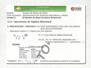 Eva Tortosa Sánchez
Dpto. Informática y Comunicaciones

Módulo:
Gestión de Bases de Datos
Ciclo Formativo: Administración de Sistemas Informáticos y Redes
Unidad 3:
El Modelo de Base de Datos Relacional

3.5.1 Operaciones de Algebra Relacional
1. SELECCIÓN – SELECT ==> SELECCIÓN DE FILAS QUE CUMPLAN UNA
CONDICIÓN
➢
Operación unaria ==> Opera con una relación.
R ==> Una relación (tabla relacional)
P ==> Expresion/es lógica/s (<, >, =, <>, …)
También combinadas con AND, OR

TAMBIÉN: R2 <---

(Cuando necesitemos reservar el resultado)

 