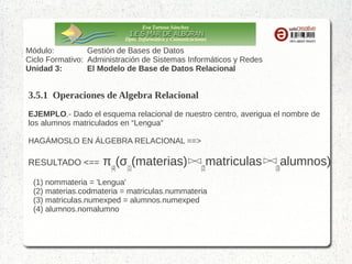 Eva Tortosa Sánchez
Dpto. Informática y Comunicaciones

Módulo:
Gestión de Bases de Datos
Ciclo Formativo: Administración de Sistemas Informáticos y Redes
Unidad 3:
El Modelo de Base de Datos Relacional

3.5.1 Operaciones de Algebra Relacional (select – proyect - join)
EJEMPLO.- Nombre de alumnos matriculados en la materia 2
numexped

numexped

matricula
nummateria nota
1
1
1
2
1
5
2
2
2
3
2
5
2
87

nomalumno
1 Juán
2 María
3 Isabel
4 Lourdes
5 Julián

EN ÁLGEBRA RELACIONAL

1. R_AUX ←σ(1)(matricula)
2. R_AUX_2 ← alumnos

diralumno
…
C/ Agua
C/ Viento
C/ Luz
C/ Andalucía
Avda. Del Mar

RESULTADO
Juán
María

(2)

R_AUX

3. RESULTADO ←π (R_AUX_2)
(3)

DONDE:
(1) nummateria = 2
(2) alumnos.numexped = R_AUX.numexped
(3) nomalumno

En un solo paso:
RESULTADO ←π

(3)

(alumnos

(2)

σ(1)(matricula))

 