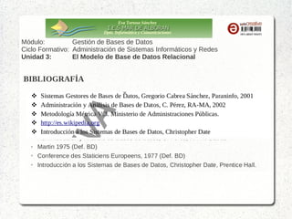 Eva Tortosa Sánchez
Dpto. Informática y Comunicaciones

Módulo:
Gestión de Bases de Datos
Ciclo Formativo: Administración de Sistemas Informáticos y Redes
Unidad 3:
El Modelo de Base de Datos Relacional

3.5.1 Operaciones de Algebra Relacional

ﾺ

EJEMPLO 2.- Dado el esquema relacional de nuestro centro, averigua el nombre de
los alumnos matriculados en “Lengua”
Reunimos la materia lengua con las
matriculas y los alumnos matriculados
VEÁMOSLO MÁS DESPACIO ==>

π(4)(σ(1)(materias)
ﾺ

RESULTADO <==
Por último, nos
quedamos solo con
el nombre del
alumnado que es
lo que nos interesa

(2)

matriculas

(3)

alumnos)

Buscamos la fila de
la materia lengua
(1) nommateria = 'Lengua'
(2) materias.codmateria = matriculas.nummateria
(3) matriculas.numexped = alumnos.numexped
(4) alumnos.nomalumno

 