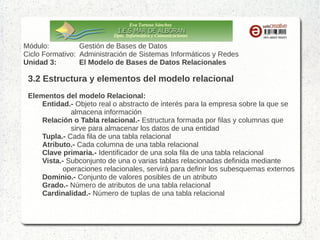 Eva Tortosa Sánchez
Dpto. Informática y Comunicaciones

Módulo:
Gestión de Bases de Datos
Ciclo Formativo: Administración de Sistemas Informáticos y Redes
Unidad 3:
El Modelo de Bases de Datos Relacionales

3.2 Estructura y elementos del modelo relacional
Elementos del modelo Relacional:
Entidad.- Objeto real o abstracto de interés para la empresa sobre la que se
almacena información
Relación o Tabla relacional.- Estructura formada por filas y columnas que
sirve para almacenar los datos de una entidad
Tupla.- Cada fila de una tabla relacional
Atributo.- Cada columna de una tabla relacional
Clave primaria.- Identificador de una sola fila de una tabla relacional
Vista.- Subconjunto de una o varias tablas relacionadas definida mediante
operaciones relacionales, servirá para definir los subesquemas externos
Dominio.- Conjunto de valores posibles de un atributo
Grado.- Número de atributos de una tabla relacional
Cardinalidad.- Número de tuplas de una tabla relacional

 
