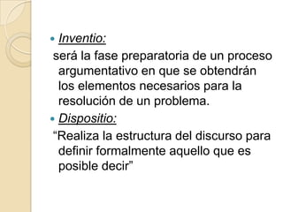 Inventio: será la fase preparatoria de un proceso argumentativo en que se obtendrán los elementos necesarios para la resolución de un problema.Dispositio: “Realiza la estructura del discurso para definir formalmente aquello que es posible decir”