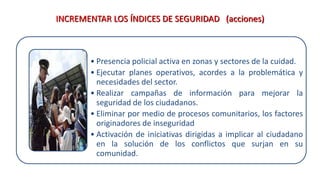 INCREMENTAR LOS ÍNDICES DE SEGURIDAD (acciones)
• Presencia policial activa en zonas y sectores de la cuidad.
• Ejecutar planes operativos, acordes a la problemática y
necesidades del sector.
• Realizar campañas de información para mejorar la
seguridad de los ciudadanos.
• Eliminar por medio de procesos comunitarios, los factores
originadores de inseguridad
• Activación de iniciativas dirigidas a implicar al ciudadano
en la solución de los conflictos que surjan en su
comunidad.
 