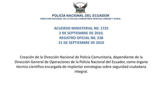 POLICÍA NACIONAL DEL ECUADOR
DIRECCION NACIONAL DE LA POLICIA COMUNITARIA SERVICIO URBANO Y RURAL
ACUERDO MINISTERIAL N0. 1725
2 DE SEPTIEMBRE DE 2010.
REGISTRO OFICIAL N0. 238
21 DE SEPTIEMBRE DE 2010
Creación de la Dirección Nacional de Policía Comunitaria, dependiente de la
Dirección General de Operaciones de la Policía Nacional del Ecuador, como órgano
técnico científico encargada de implantar estrategias sobre seguridad ciudadana
integral.
 