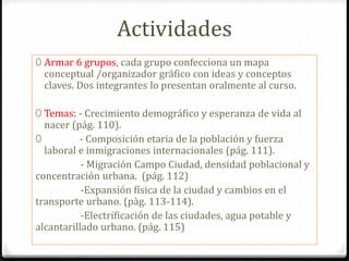 Actividades
0 Armar 6 grupos, cada grupo confecciona un mapa
conceptual /organizador gráfico con ideas y conceptos
claves. Dos integrantes lo presentan oralmente al curso.
0 Temas: - Crecimiento demográfico y esperanza de vida al
nacer (pág. 110).
0 - Composición etaria de la población y fuerza
laboral e inmigraciones internacionales (pág. 111).
- Migración Campo Ciudad, densidad poblacional y
concentración urbana. (pág. 112)
-Expansión física de la ciudad y cambios en el
transporte urbano. (pàg. 113-114).
-Electrificación de las ciudades, agua potable y
alcantarillado urbano. (pág. 115)
 