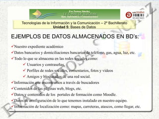 Eva Tortosa Sánchez
Dpto. Informática y Comunicaciones
Tecnologías de la Información y la Comunicación – 2º Bachillerato
Unidad 5: Bases de Datos
EJEMPLOS DE DATOS ALMACENADOS EN BD’s:
Nuestro expediente académico
Datos bancarios y domiciliaciones bancarias de teléfono, gas, agua, luz, etc.
Todo lo que se almacena en las redes sociales como:
 Usuarios y contraseñas,
 Perfiles de redes sociales, comentarios, fotos y vídeos
 Amigos y bloqueados de una red social.
Información que encontramos a través de buscadores
Contenidos de las páginas web, blogs, etc.
Datos y contenidos de los portales de formación como Moodle.
Datos de configuración de lo que tenemos instalado en nuestro equipo.
Información de localización como: mapas, carreteras, atascos, como llegar, etc.
 
