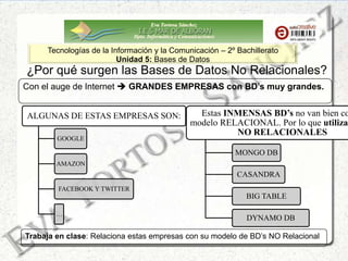 Eva Tortosa Sánchez
Dpto. Informática y Comunicaciones
Tecnologías de la Información y la Comunicación – 2º Bachillerato
Unidad 5: Bases de Datos
¿Por qué surgen las Bases de Datos No Relacionales?
Con el auge de Internet  GRANDES EMPRESAS con BD’s muy grandes.
ALGUNAS DE ESTAS EMPRESAS SON:
GOOGLE
AMAZON
FACEBOOK Y TWITTER
…
Estas INMENSAS BD’s no van bien co
modelo RELACIONAL. Por lo que utilizan
NO RELACIONALES
MONGO DB
CASANDRA
BIG TABLE
DYNAMO DB
Trabaja en clase: Relaciona estas empresas con su modelo de BD’s NO Relacional
 