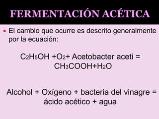  El cambio que ocurre es descrito generalmente
por la ecuación:
C2H5OH +O2+ Acetobacter aceti =
CH3COOH+H2O
Alcohol + Oxígeno + bacteria del vinagre =
ácido acético + agua
 