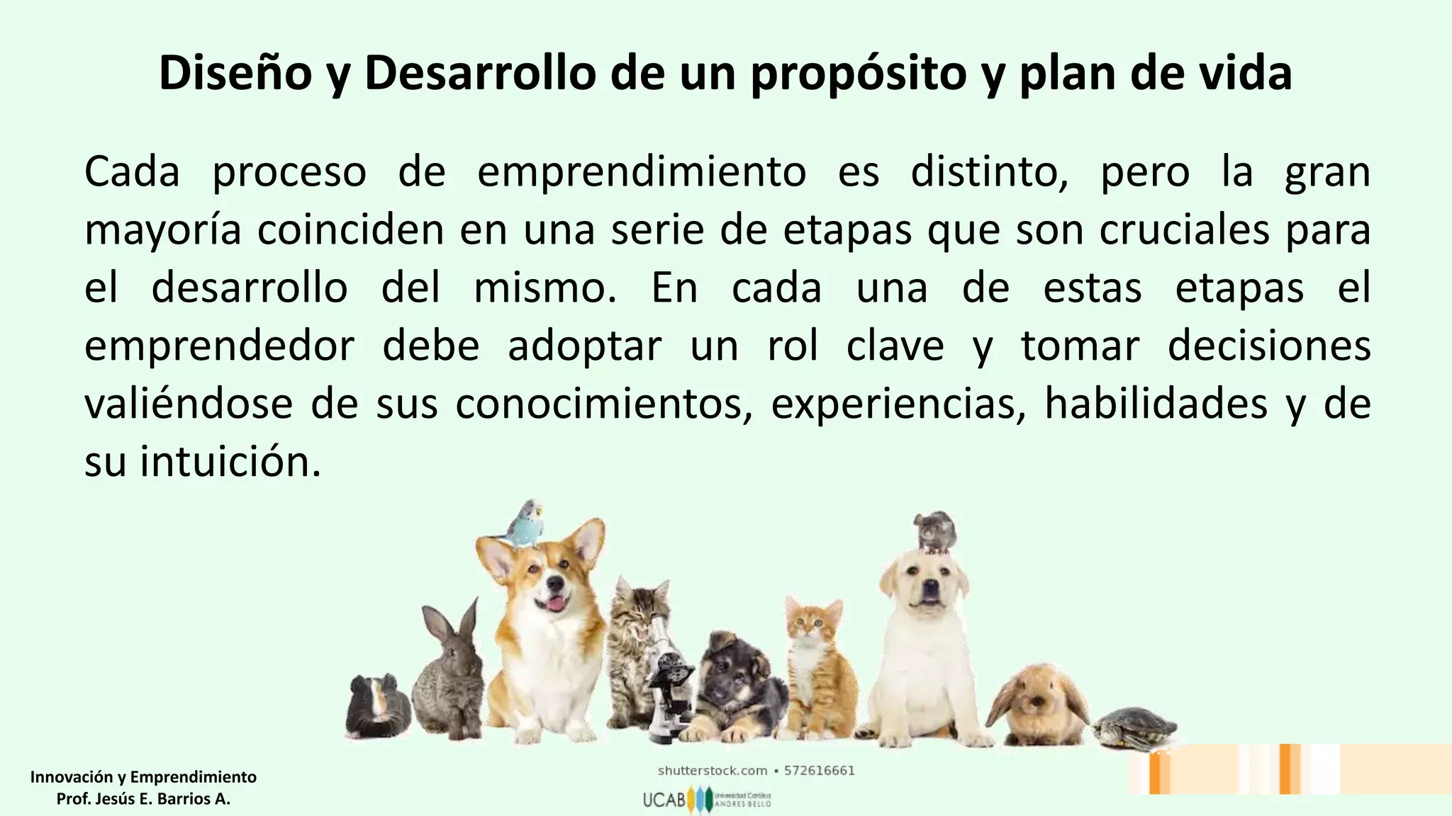 Cada proceso de emprendimiento es distinto, pero la gran
mayoría coinciden en una serie de etapas que son cruciales para
el desarrollo del mismo. En cada una de estas etapas el
emprendedor debe adoptar un rol clave y tomar decisiones
valiéndose de sus conocimientos, experiencias, habilidades y de
su intuición.
Innovación y Emprendimiento
Prof. Jesús E. Barrios A.
Diseño y Desarrollo de un propósito y plan de vida
 