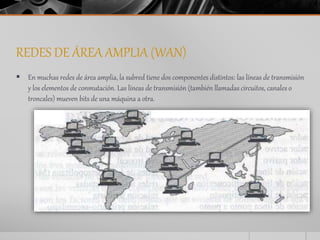 REDES DE ÁREA AMPLIA (WAN) 
 En muchas redes de área amplia, la subred tiene dos componentes distintos: las líneas de transmisión 
y los elementos de conmutación. Las líneas de transmisión (también llamadas circuitos, canales o 
troncales) mueven bits de una máquina a otra. 
 