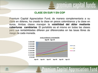 CLASE EN EUR Y EN COP

Premium Capital Appreciation Fund, de manera complementaria a su
clase en dólares, ha creado la clase en pesos colombianos y la clase en
euros. Ambas clases manejan la volatilidad del dólar mediante
coberturas cambiarias. El portafolio es el mismo en todas las clases
pero sus rentabilidades difieren por diferenciales en las tasas libres de
riesgo de cada moneda.
                                      EVOLUCIÓN  DE  LA  INVERSIÓN                      
                                           Ago  05  -­‐ Ago  10
                 $  239.000  
                 $  219.000  
                                                                                                      USD
                 $  199.000  
                 $  179.000                                                                           EUR

                 $  159.000                                                                           COP
                 $  139.000  
                 $  119.000  
                  $  99.000  
                           Ago-­‐05   Ago-­‐06      Ago-­‐07      Ago-­‐08     Ago-­‐09    Ago-­‐10
 