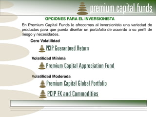 OPCIONES PARA EL INVERSIONISTA
En Premium Capital Funds le ofrecemos al inversionista una variedad de
productos para que pueda diseñar un portafolio de acuerdo a su perfil de
riesgo y necesidades.
    Cero Volatilidad



     Volatilidad Mínima



     Volatilidad Moderada
 