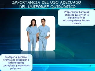 Proporcionar barreras
eficaces que eviten la
diseminación de
microorganismos hacia el
paciente.
Proteger al personal
frente a la exposición a
enfermedades
contagiosas y materiales
peligrosos.
 