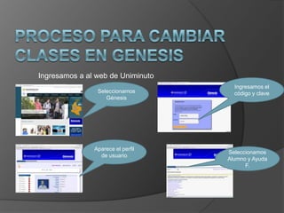 Ingresamos a al web de Uniminuto
                                     Ingresamos el
                Seleccionamos        código y clave
                   Génesis




               Aparece el perfil
                                   Seleccionamos
                 de usuario
                                   Alumno y Ayuda
                                         F.
 