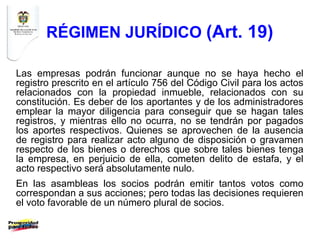 RÉGIMEN JURÍDICO (Art. 19)

Las empresas podrán funcionar aunque no se haya hecho el
registro prescrito en el artículo 756 del Código Civil para los actos
relacionados con la propiedad inmueble, relacionados con su
constitución. Es deber de los aportantes y de los administradores
emplear la mayor diligencia para conseguir que se hagan tales
registros, y mientras ello no ocurra, no se tendrán por pagados
los aportes respectivos. Quienes se aprovechen de la ausencia
de registro para realizar acto alguno de disposición o gravamen
respecto de los bienes o derechos que sobre tales bienes tenga
la empresa, en perjuicio de ella, cometen delito de estafa, y el
acto respectivo será absolutamente nulo.
En las asambleas los socios podrán emitir tantos votos como
correspondan a sus acciones; pero todas las decisiones requieren
el voto favorable de un número plural de socios.
 