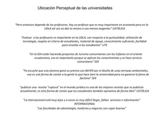 “ Pero entonces depende de los profesores, hay un profesor que es muy importante en economía pero en la UDLA tal vez no dan lo mismo o son menos exigentes” CATÓLICA “ Evaluar  a los profesores es importante en la UDLA, con respecto a la puntualidad, utilización de tecnología, respeto al criterio de estudiantes, material de apoyo, conocimiento suficiente, facilidad para enseñar a los estudiantes” UTE “ En la SEK están haciendo proyectos de turismo comunitarios con los Cofanes en el oriente ecuatoriano, eso es importante porque se aplican los conocimientos y se hace servicio comunitario” SEK “ Yo escuché que una alumna ganó un premio con BAYER por el diseño de unas terrazas ambientales, esa es una forma de contar a la gente lo que hace bien la universidad para no ganarse la fama de facilona” SEK “ publicar una  revista “ruptura” en el mundo jurídico es una de las mejores revistas que se publican actualmente, es otra forma de contar que los estudiantes también opinamos de forma libre” CATÓLICA “ La Internacional está muy lejos y a veces es muy difícil llegar, faltan  servicios e información” INTERNACIONAL “ Las facultades de odontología, medicina y negocios son súper buenas” Ubicación perceptual de las universidades Ubicación Perceptual de las universidades 