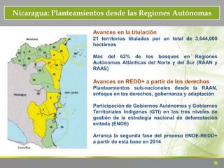 Nicaragua: Planteamientos desde las Regiones Autónomas
Avances en la titulación
21 territorios titulados por un total de 3,644,000
hectáreas
Mas del 62% de los bosques en Regiones
Autónomas Atlánticas del Norte y del Sur (RAAN y
RAAS)
Avances en REDD+ a partir de los derechos
Planteamientos sub-nacionales desde la RAAN,
enfoque en los derechos, gobernanza y adaptación
Participación de Gobiernos Autónomos y Gobiernos
Territoriales Indígenas (GTI) en los tres niveles de
gestión de la estrategia nacional de deforestación
evitada (ENDE)
Arranca la segunda fase del proceso ENDE-REDD+
a partir de esta base en 2014
 