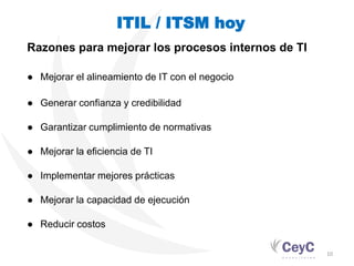 ITIL / ITSM hoy
Razones para mejorar los procesos internos de TI

● Mejorar el alineamiento de IT con el negocio

● Generar confianza y credibilidad

● Garantizar cumplimiento de normativas

● Mejorar la eficiencia de TI

● Implementar mejores prácticas

● Mejorar la capacidad de ejecución

● Reducir costos

                                                   10
 