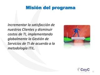 Misión del programa


Incrementar la satisfacción de
nuestros Clientes y disminuir
costos de TI, implementando
globalmente la Gestión de
Servicios de TI de acuerdo a la
metodología ITIL.




                                  11
 