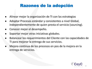 Razones de la adopción

●   Alinear mejor la organización de TI con las estrategias
●   Adoptar Procesos estándar y consistentes a nivel Global,
    independientemente de quien presta el servicio (sourcing).
●   Conocer mejor el desempeño.
●   Soportar mejor otras iniciativas globales.
●   Balancear los requerimientos del Cliente con las capacidades de
    TI para mejorar la entrega de sus servicios.
●   Mejora continua de los procesos en pos de la mejora en la
    entrega de servicios.




                                                               12
 