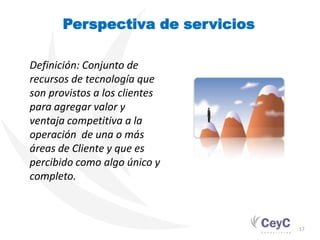 Perspectiva de servicios

Definición: Conjunto de
recursos de tecnología que
son provistos a los clientes
para agregar valor y
ventaja competitiva a la
operación de una o más
áreas de Cliente y que es
percibido como algo único y
completo.



                                  17
 
