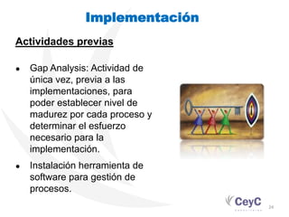 Implementación
Actividades previas

●   Gap Analysis: Actividad de
    única vez, previa a las
    implementaciones, para
    poder establecer nivel de
    madurez por cada proceso y
    determinar el esfuerzo
    necesario para la
    implementación.
●   Instalación herramienta de
    software para gestión de
    procesos.
                                 24
 